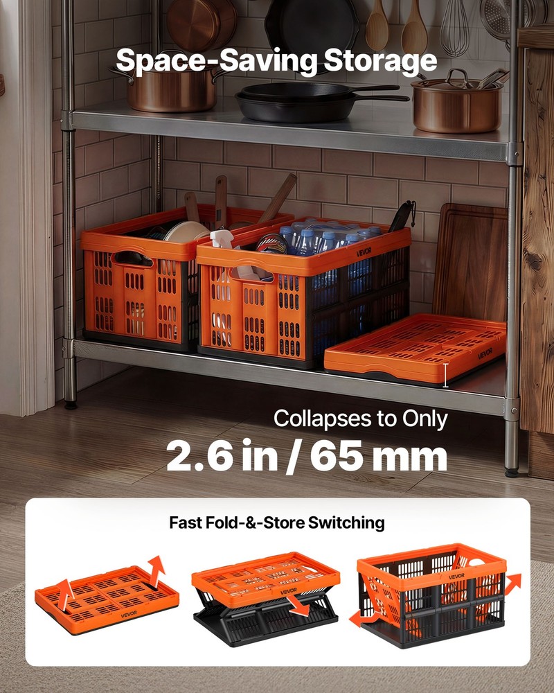 VEVOR Plastic Collapsible Storage Bins 45L 6 Packs Stackable Fold Storage Crates