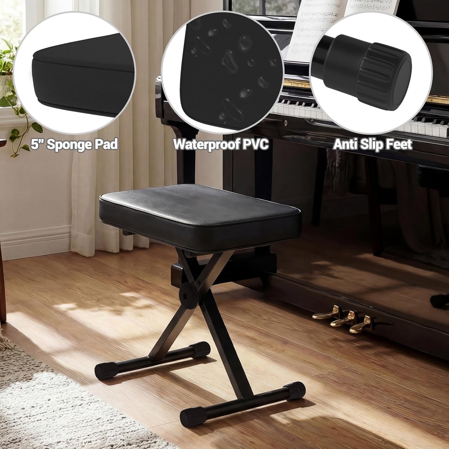 Adjustable Padded Keyboard Bench X-Style Collapsible Piano Guitar Stool Chair