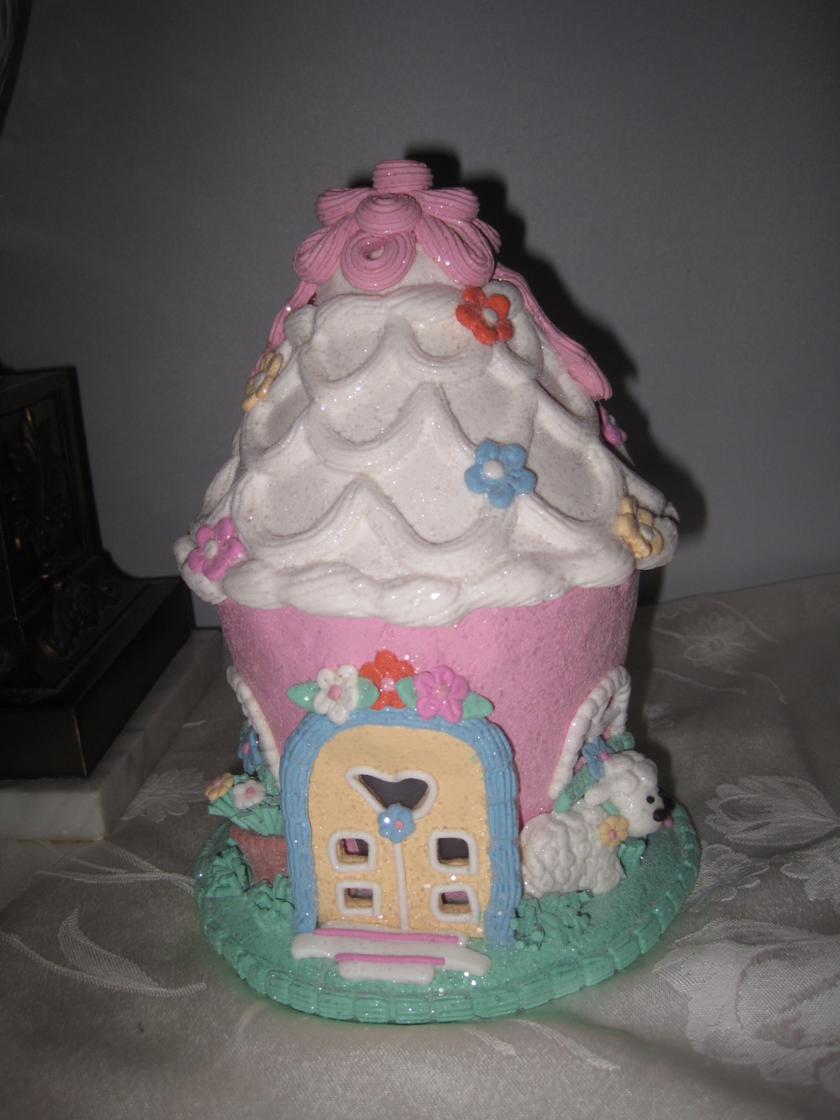 Cupcakes & Cashmere SUGARED Pastel Easter light up cupcake house with lamb