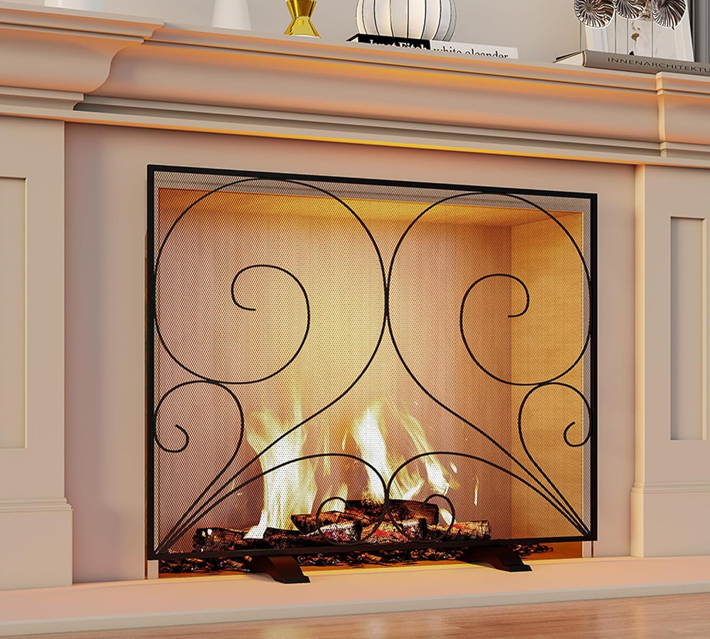 Single Panel Fireplace Screen Handcrafted Solid Wrought Iron Mesh, Heat-Resistan
