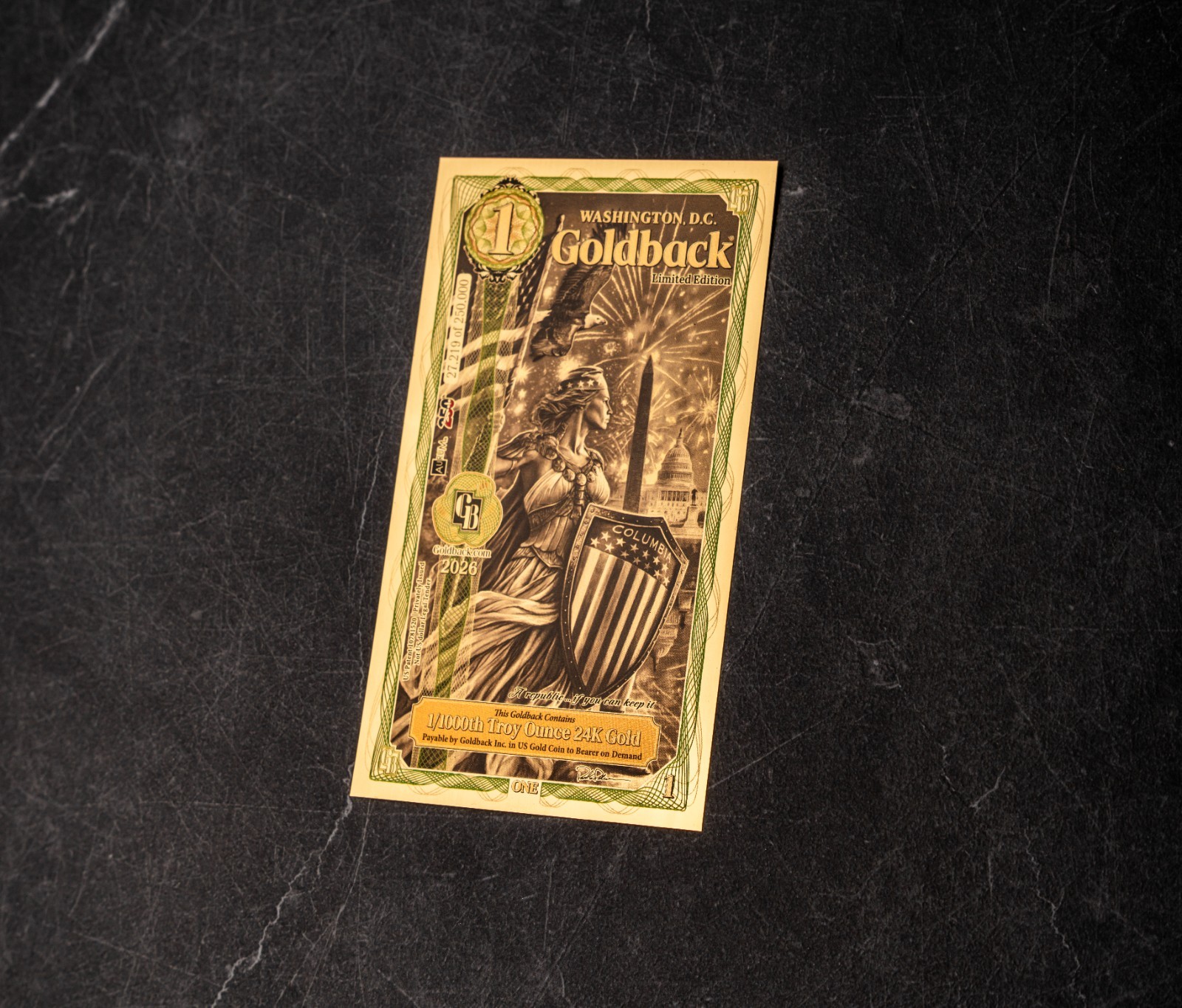 2X 1 WASHINGTON DC Goldback Aurum Gold Foil Note 1/1000 oz 24kt .999 Fine GOLD