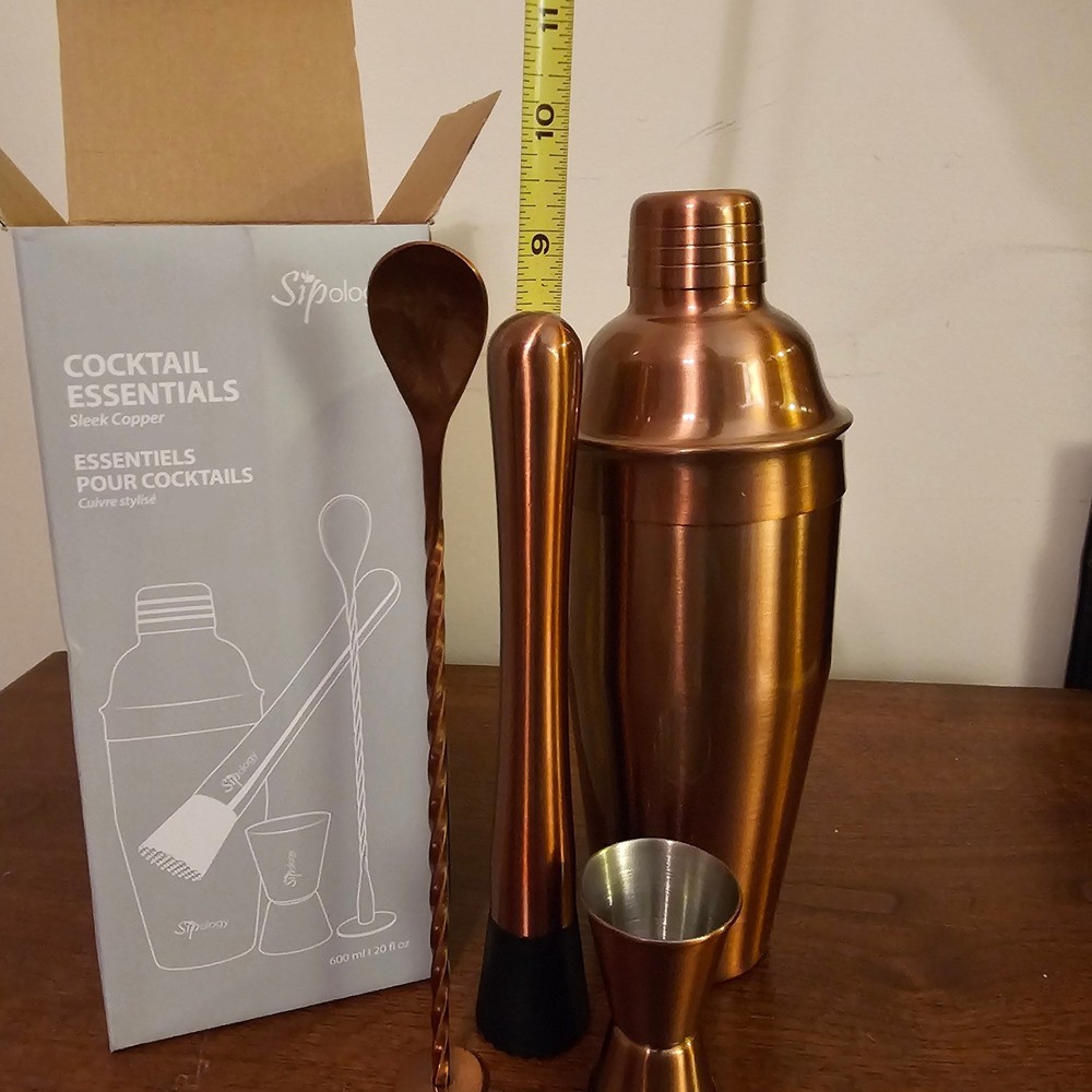 Sipology Sleek Copper Cocktail Barware Set Shaker Muddler Spoon