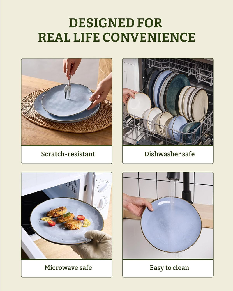 Dinnerware Sets for 4, Ocean round 12-Piece Kitchen Plates and Bowls Sets, React