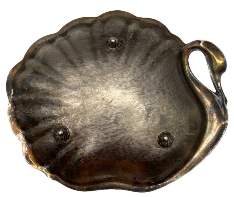 Vtg Silver Tone Swan Candy Dish Trinket Bowl–Scalloped Shell Design Cottagecore