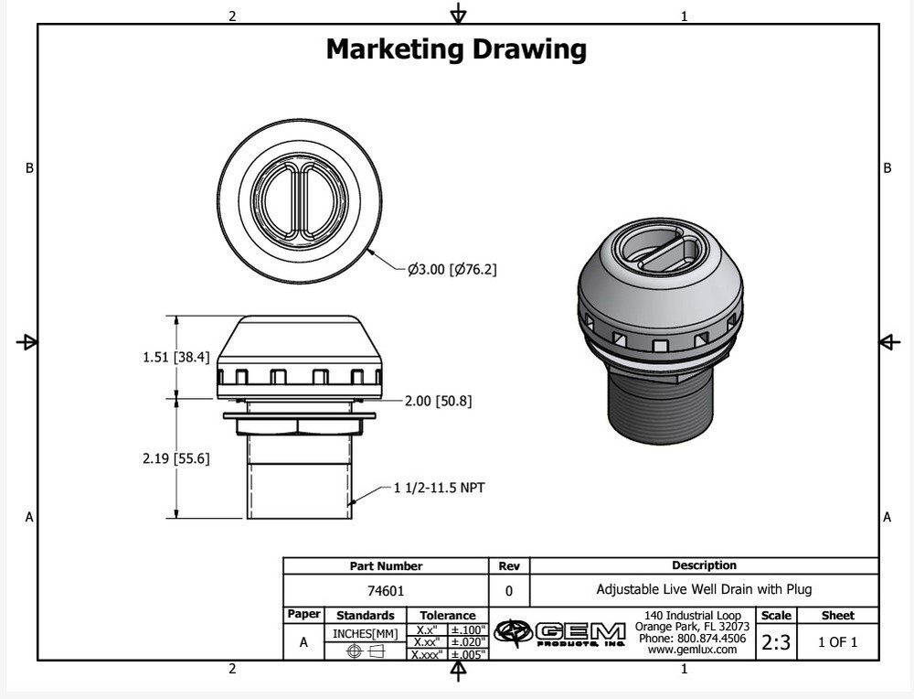 GEMLUX NPT Adjustable Livewell Drain with Plug 74601