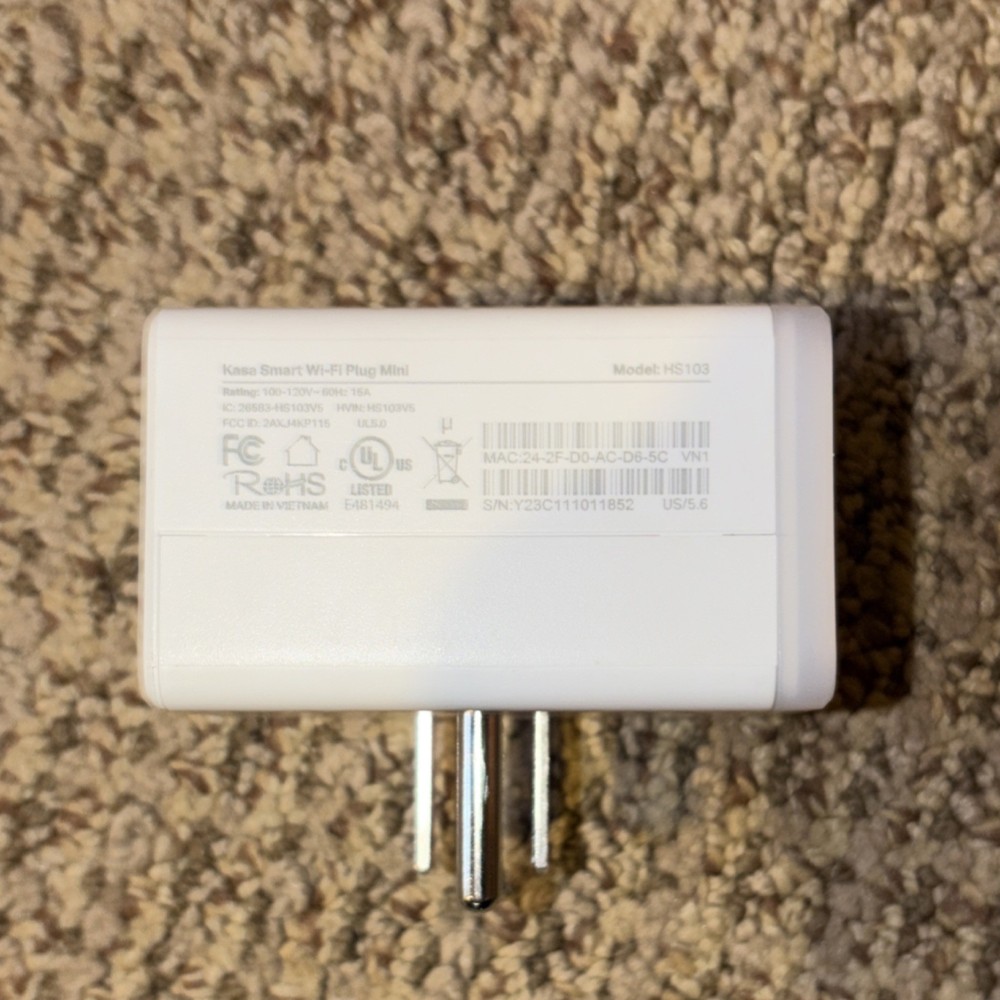 Kasa Smart Wi-Fi Plug Mini HS103 White Type B Wireless App-Controlled