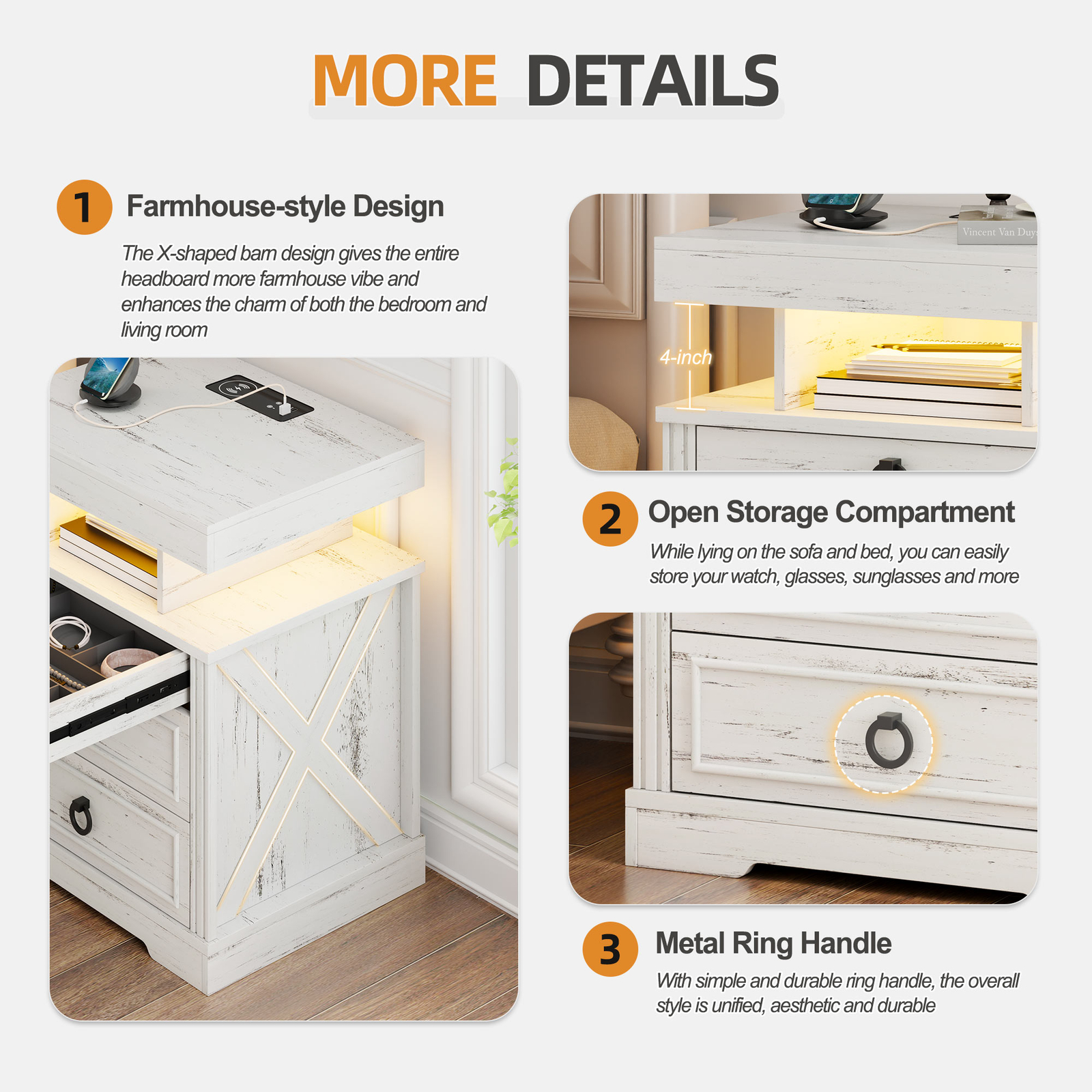 Farmhouse Night Stand with Gun Drawer, LED NightStand with Light & Human Sensor