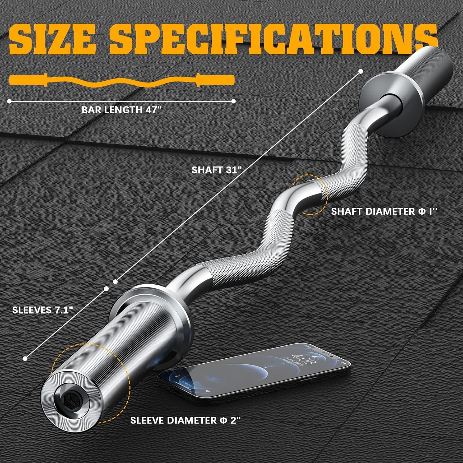 Barbell Curl Bar for Squat, Weight Lifting, Bicep Curl, 47" Olympic EZ Curl Bar