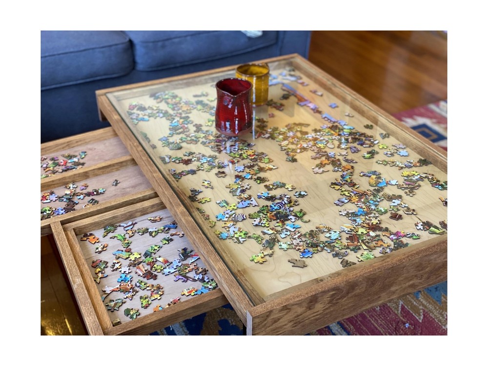 Rustic Puzzle Coffee Table with Removable Glass top - Includes 2 Hidden Drawe...