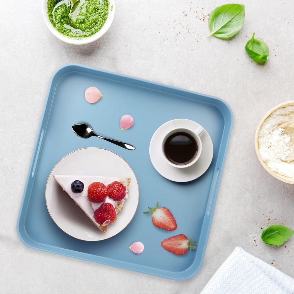 Square Blue Decorative Serving Tray with Handles, Versatile Ottoman