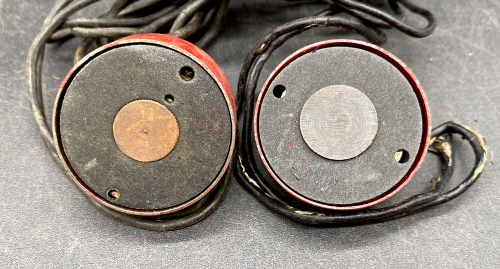 (2) GILBERT ERECTOR PART MJ RED PAINTED ELECTROMAGNET W/ WIRE LEADS