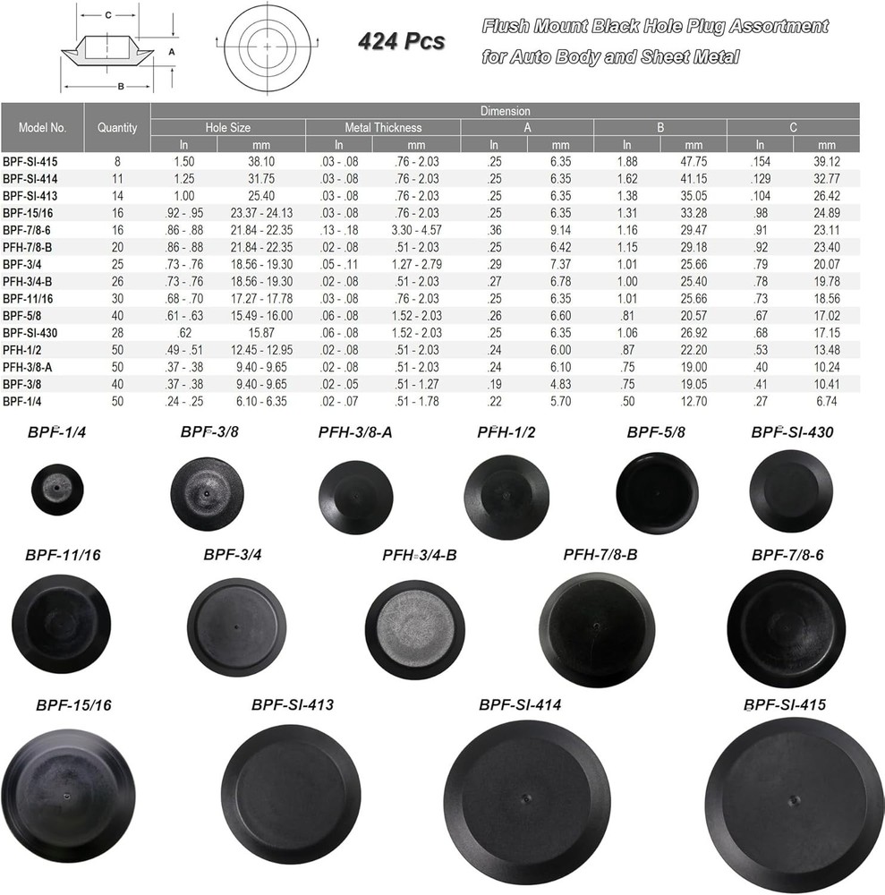 Automotive Black Plastic Plug Set - 424pcs, Assorted Sizes