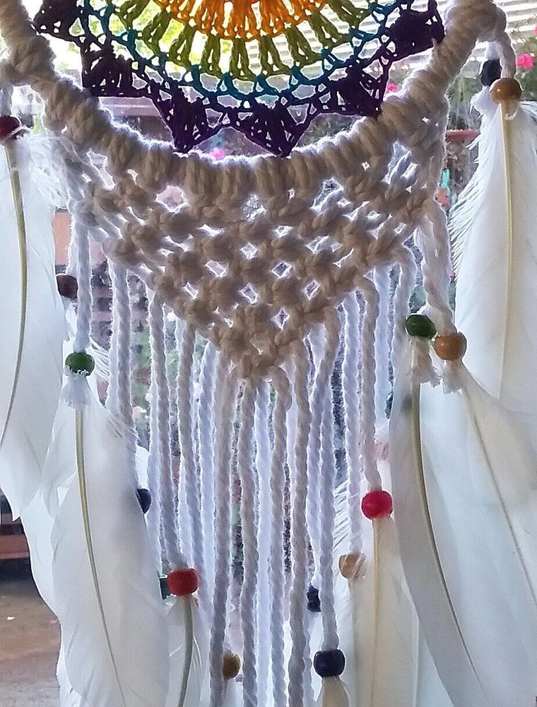 White DREAMCATCHER With Dove Feathers, Native Design Macrame Dreamcatcher