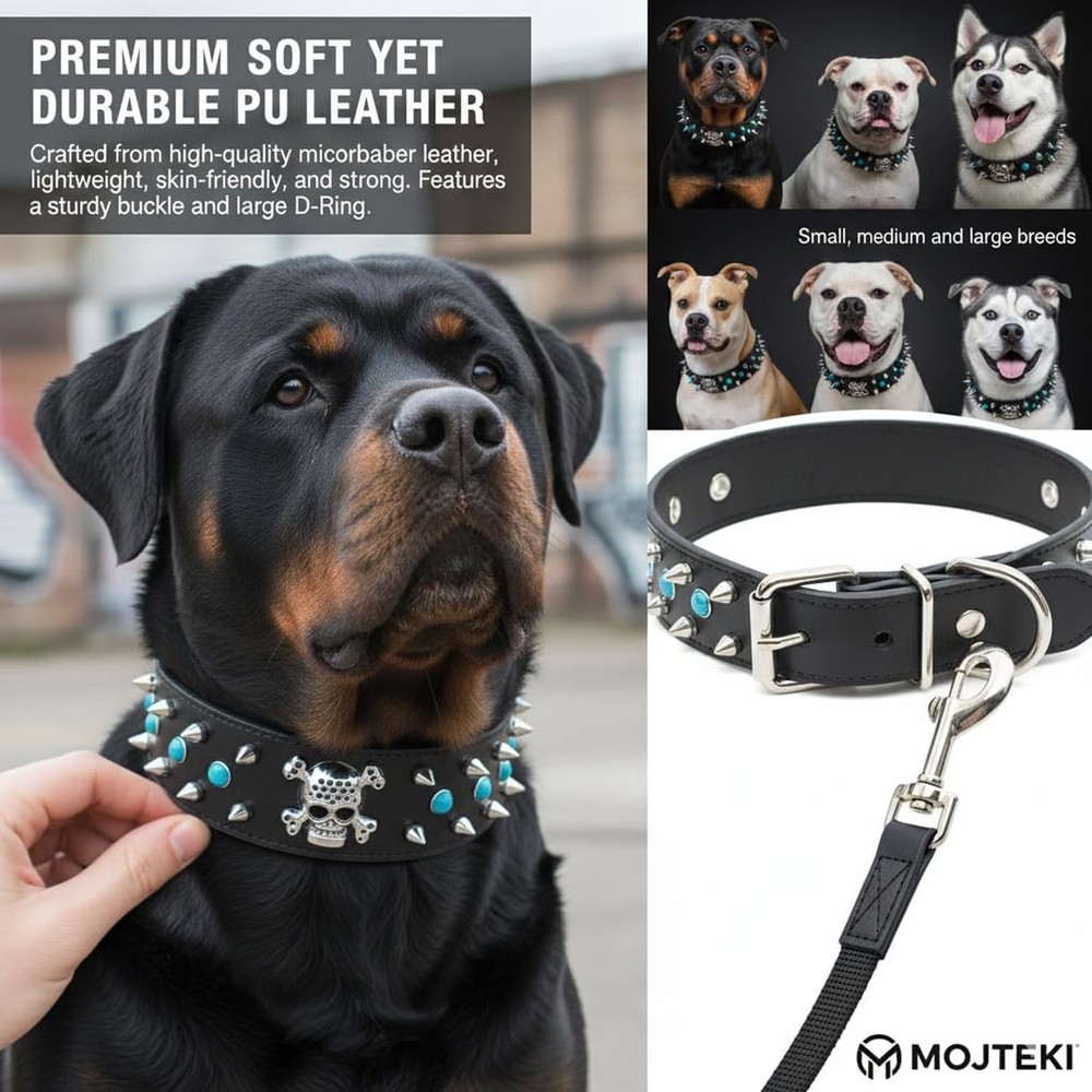 Spiked Dog Collar -Adjustable PU Leather Pet Collar for Small Medium Large Do...