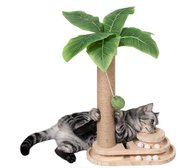 Cat Scratching Post Interactive Toy Dangling Ball 2 Layer 17.7 Inch Tall Pole