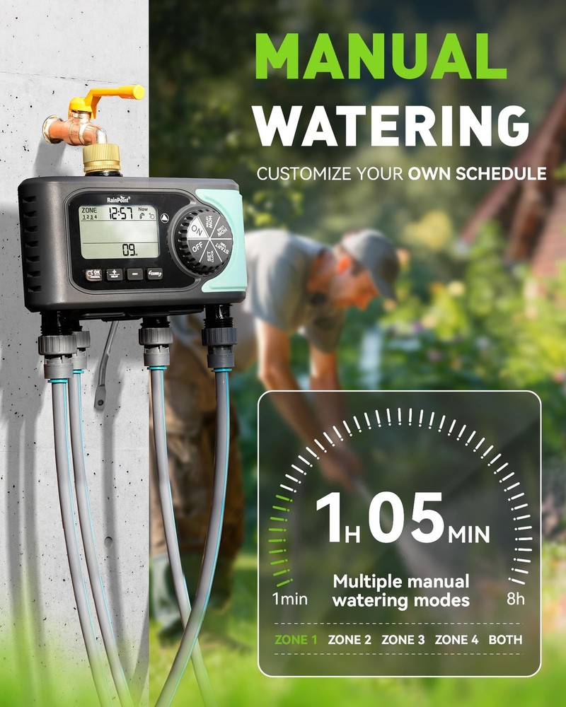 RAINPOINT Sprinkler Timer, 4 Outlets Hose Timer with Brass Inlet with Rain Delay