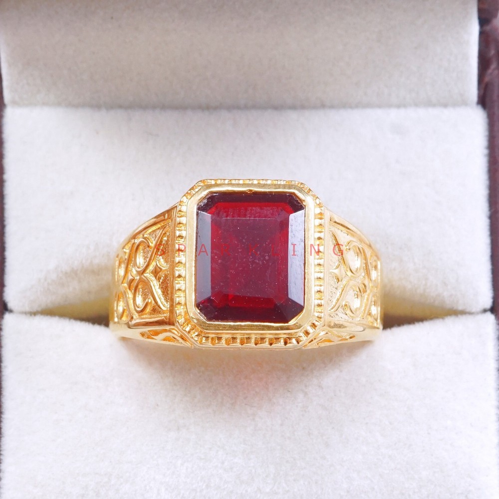 Garnet Emerald Cut With 14K Solid Gold Ring For Men's #E517