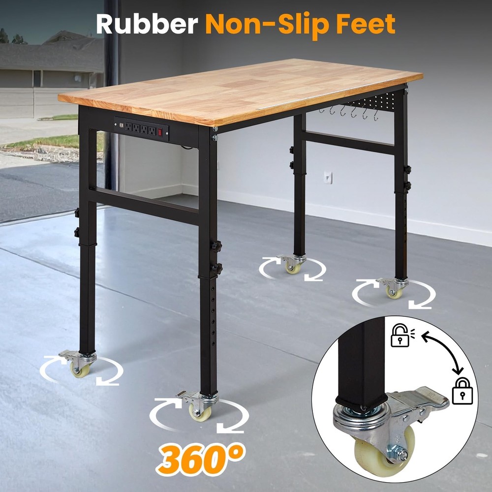 48" Adjustable Workbench, Heavy Duty Work Bench Table w/Pegboard & Power Outlets