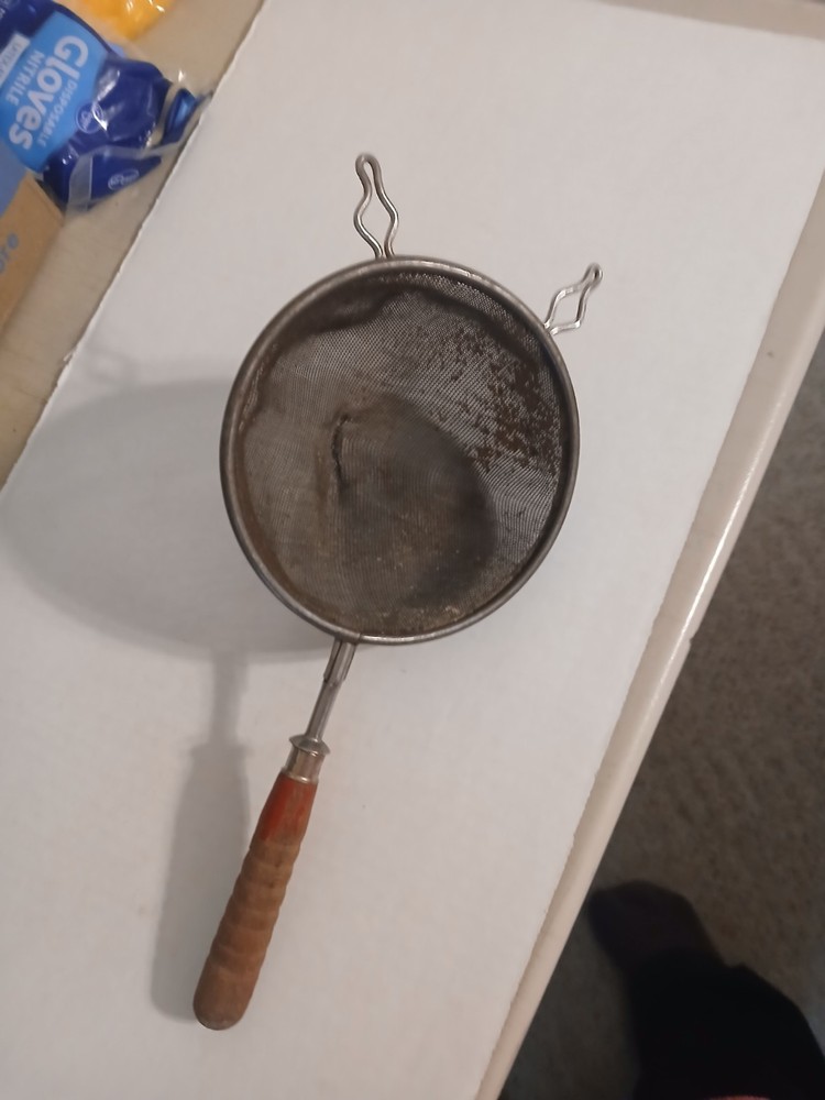 Vintage Hand Strainer /Red Wood Handle 5" Round Mesh
