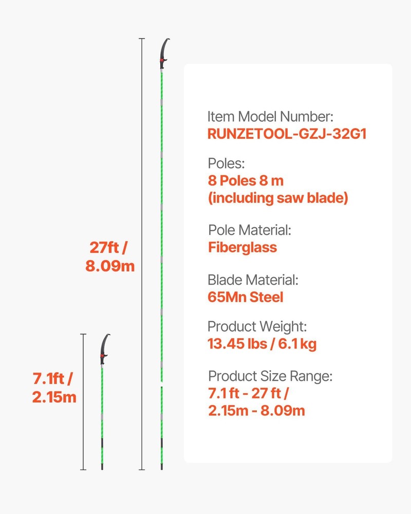 3.87-27ft Manual Tree Pruner with Sharp 65Mn Steel Dual-Hook Blade