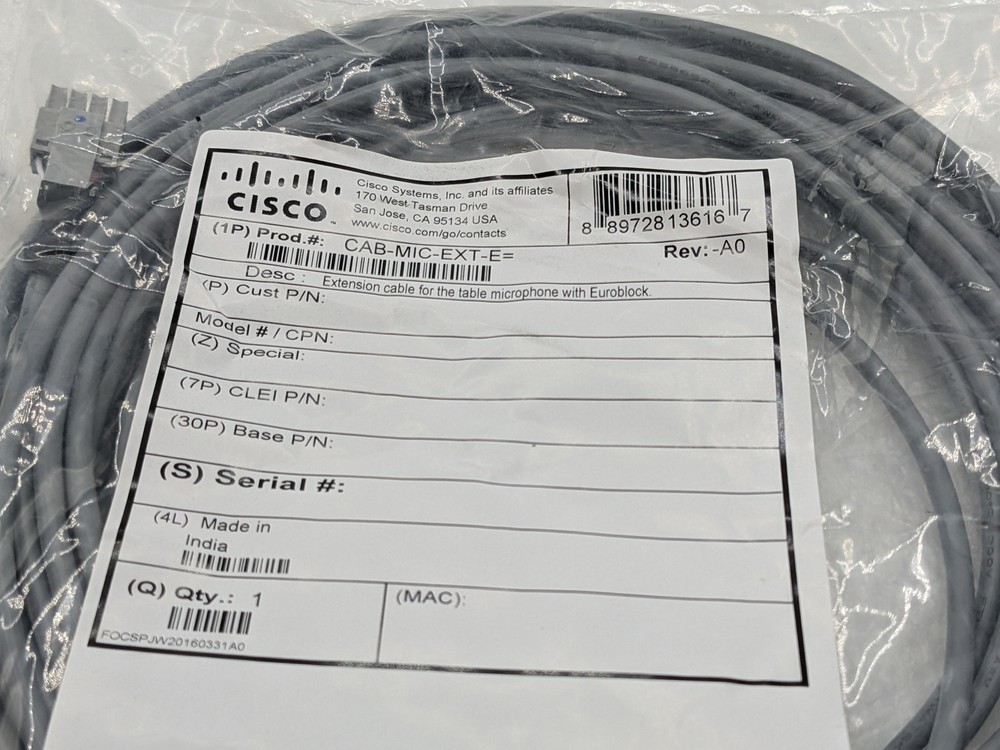 Cisco CAB-MIC-EXT-E Table Microphone Extension Cable 4 Pin Mini Euroblock 29ft