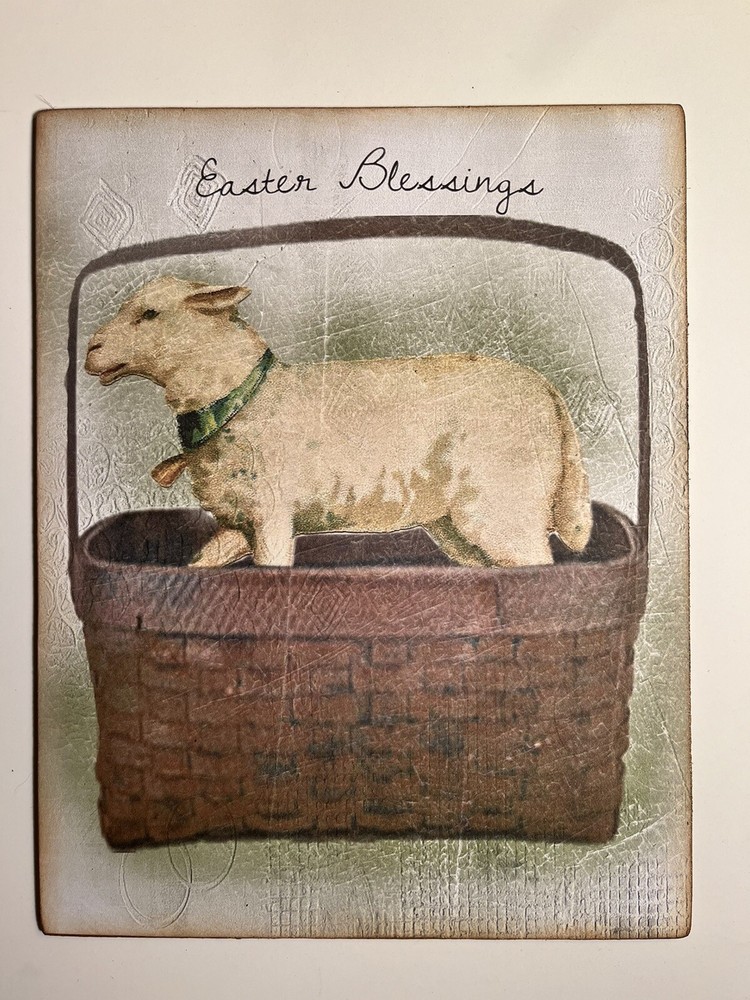 Primitive, Easter Blessings Lamb in a Basket, HANDCRAFTED Plaque / Sign