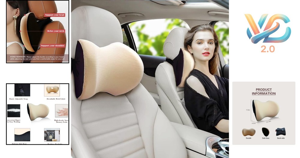 Super Comfy Car Headrest Pillow Memory Foam Adjustable Neck Support Beige