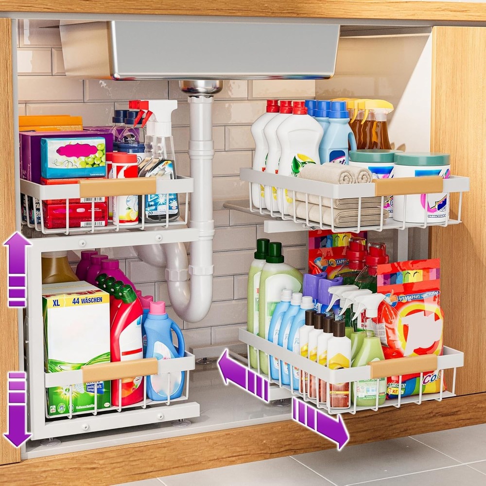 Space-Saving Under Sink Organizer with Adjustable Drawers for Kitchen & Bathroom