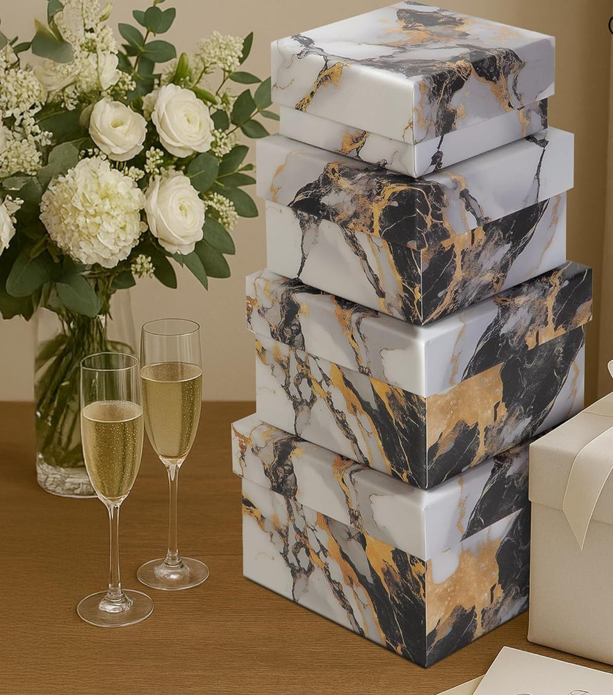 4 PC SET - Square Gift Boxes with Lids, Gold Black & White Marble, Nested Boxes