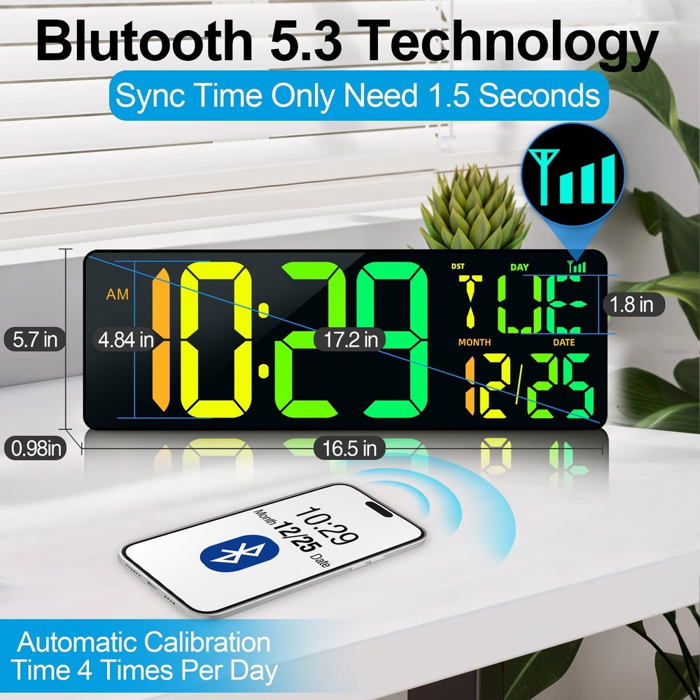 CYMHCHL Large Digital Wall Clock 17.2" Bluetooth Auto Time Sync Led Digital C...