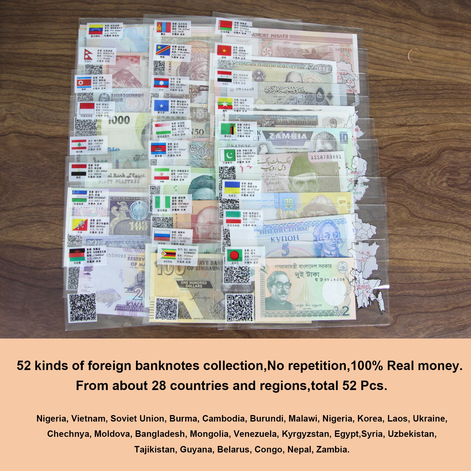 Lots 52pc Different World Banknotes Paper Money Foreign UNC Collections Gift