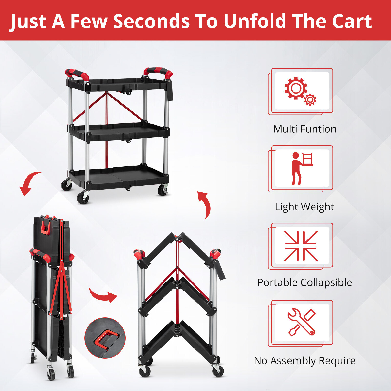 Foldable Service Cart with 360°Swivel Wheels Lockable 3-Tier Tool Carts