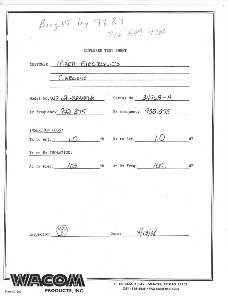 Duplexer 800-960 MHz Wacom WP-691 BpBr