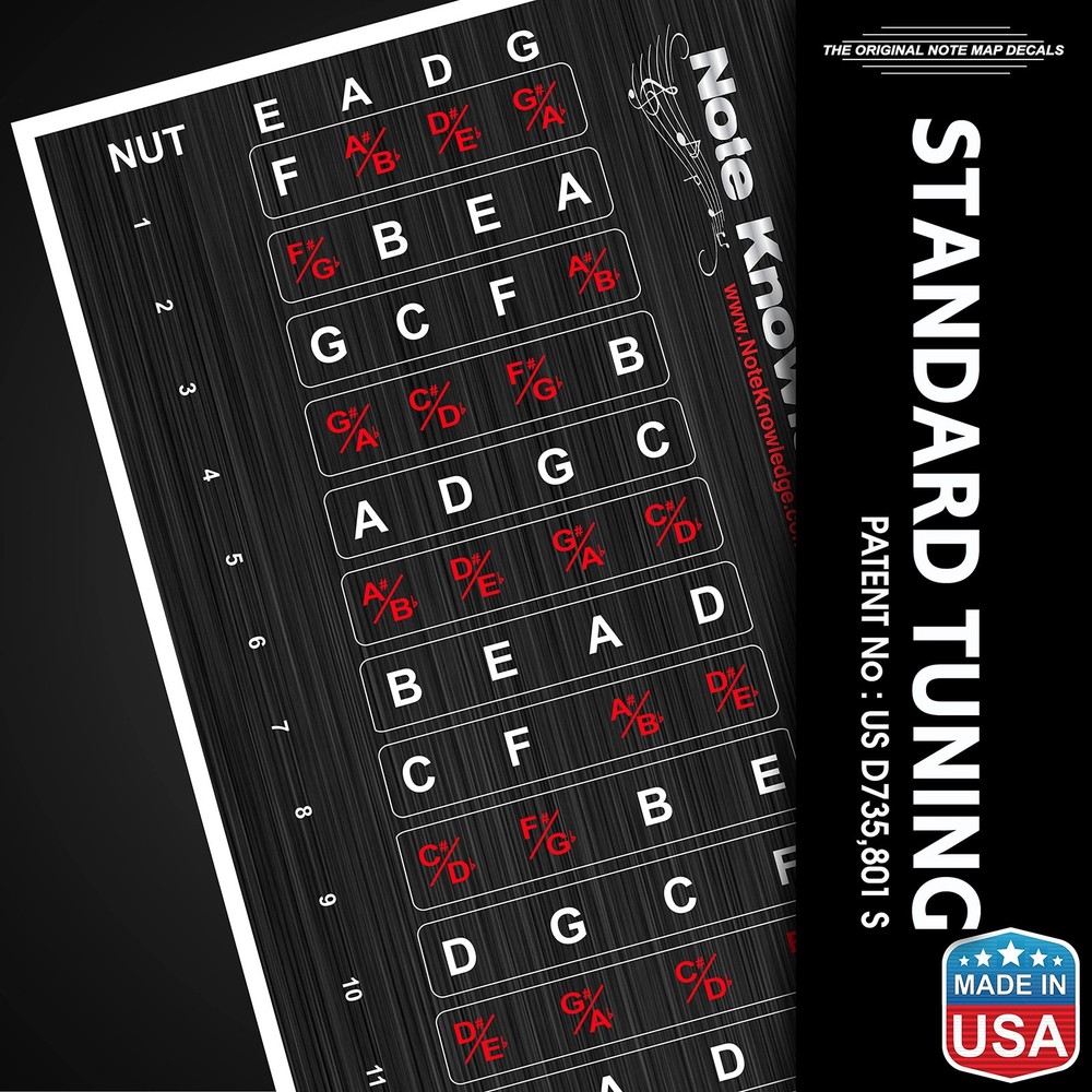 Bass Guitar Fretboard Note Map Decals/Stickers for Learning Notes, Chords & S...