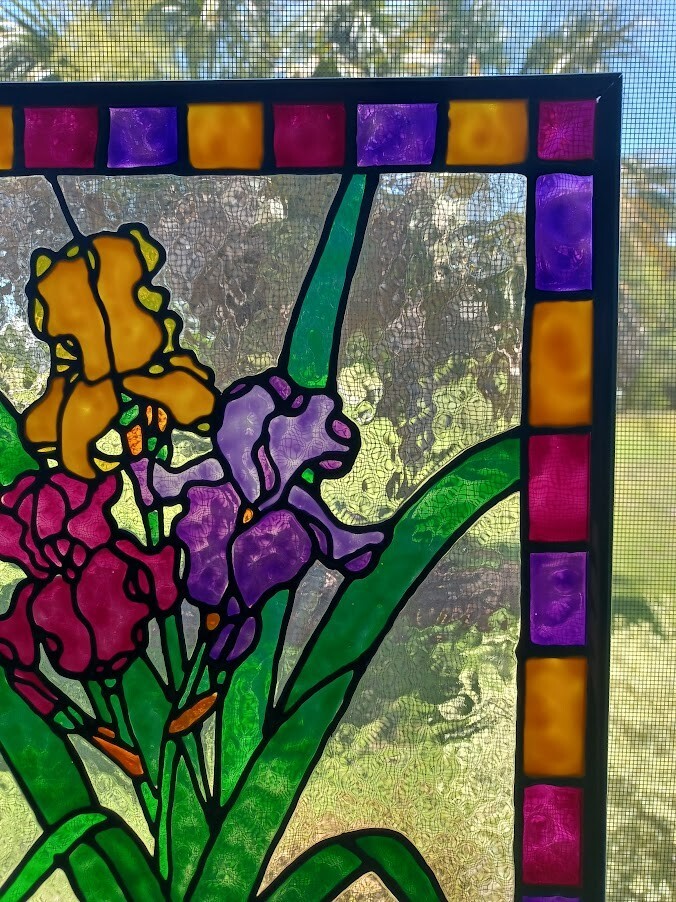 Irises Stained Glass Window Panel Hand Painted