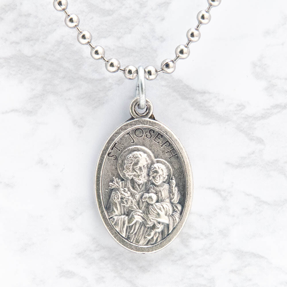 Patron Saint St Joseph Pray For Us 1" Medal Pendant Necklace 24" Chain Italy