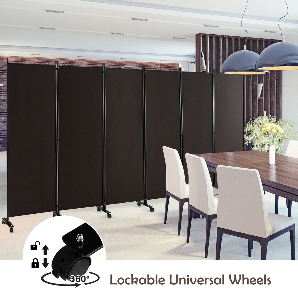 6-Panel Folding Room Divider 6FT Rolling Privacy Screen w/ Lockable Wheels Brown
