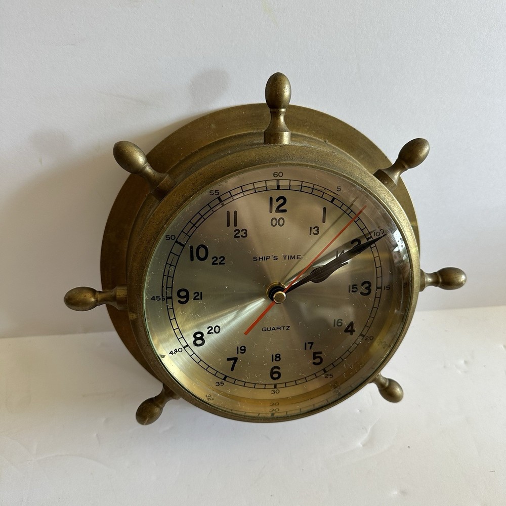 Vintage Ship's Clock Wheel Solid Brass Heavy 9” Needs New Clock Mechanism