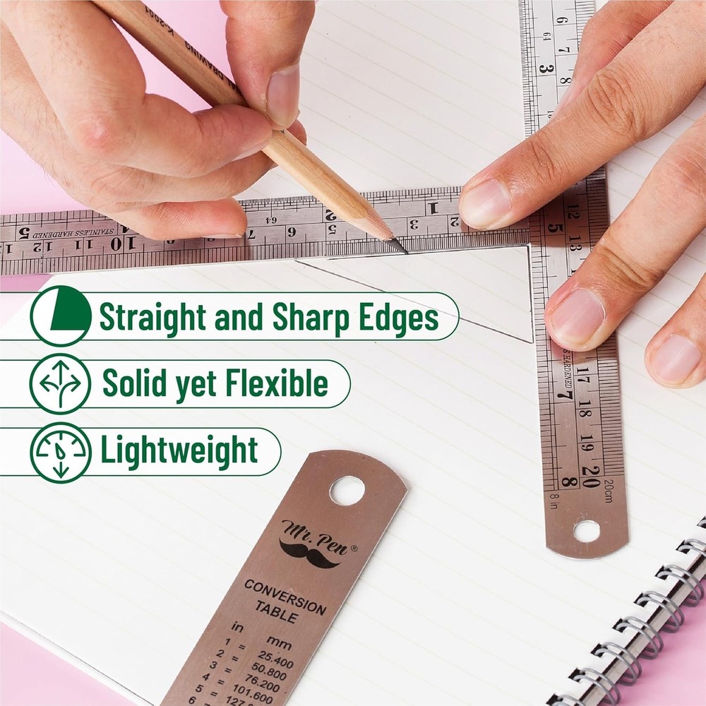 Professional Measuring Tools - 4 Stainless Steel Rulers with Conversion Table
