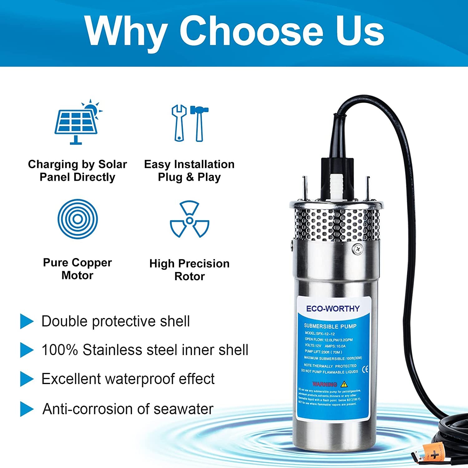 12V DC Submersible Deep Well Pump 3.2GPM 230ft for Irrigation ‎Stainless Steel