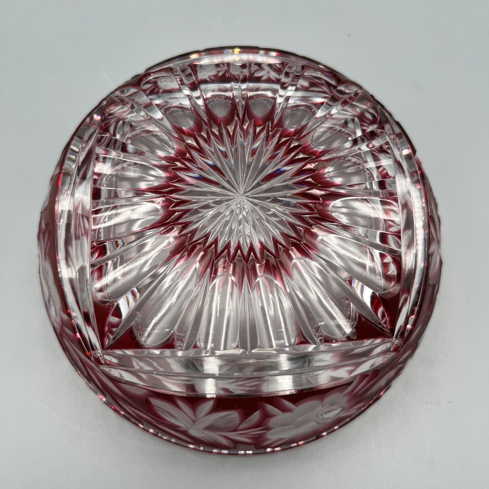Vintage Ruby Red Cut to Clear Crystal Bowl Sawtooth Rim Etched Roses Starburst