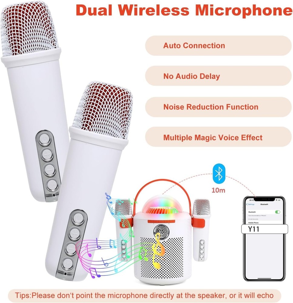 Bluetooth Karaoke Machine with Two Wireless Microphones Portable Light Speaker