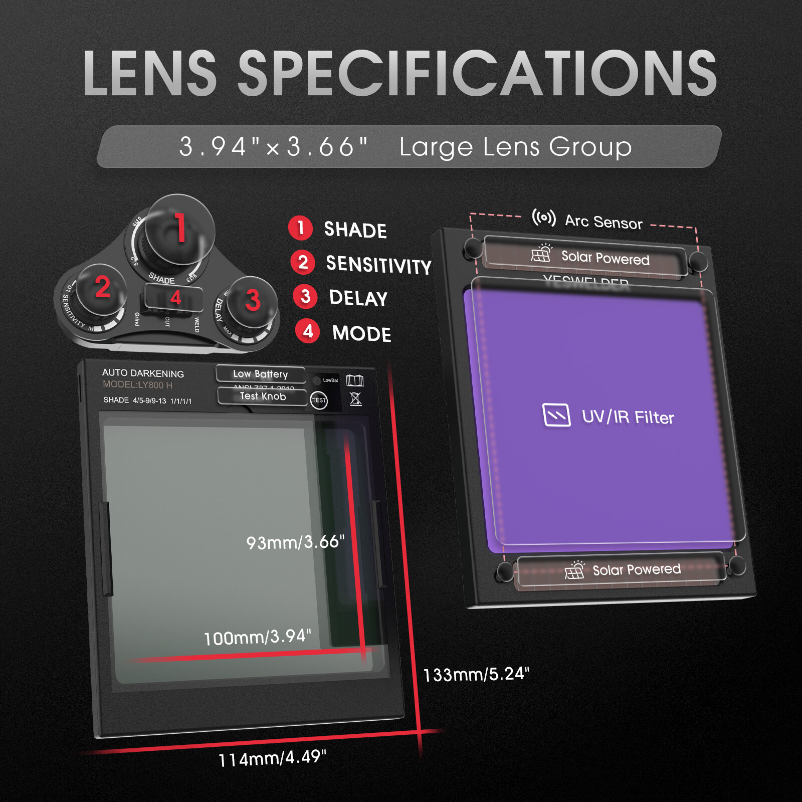 Large Viewing Screen True Color Auto Darkening Welding Helmet, 4 Arc Sensor