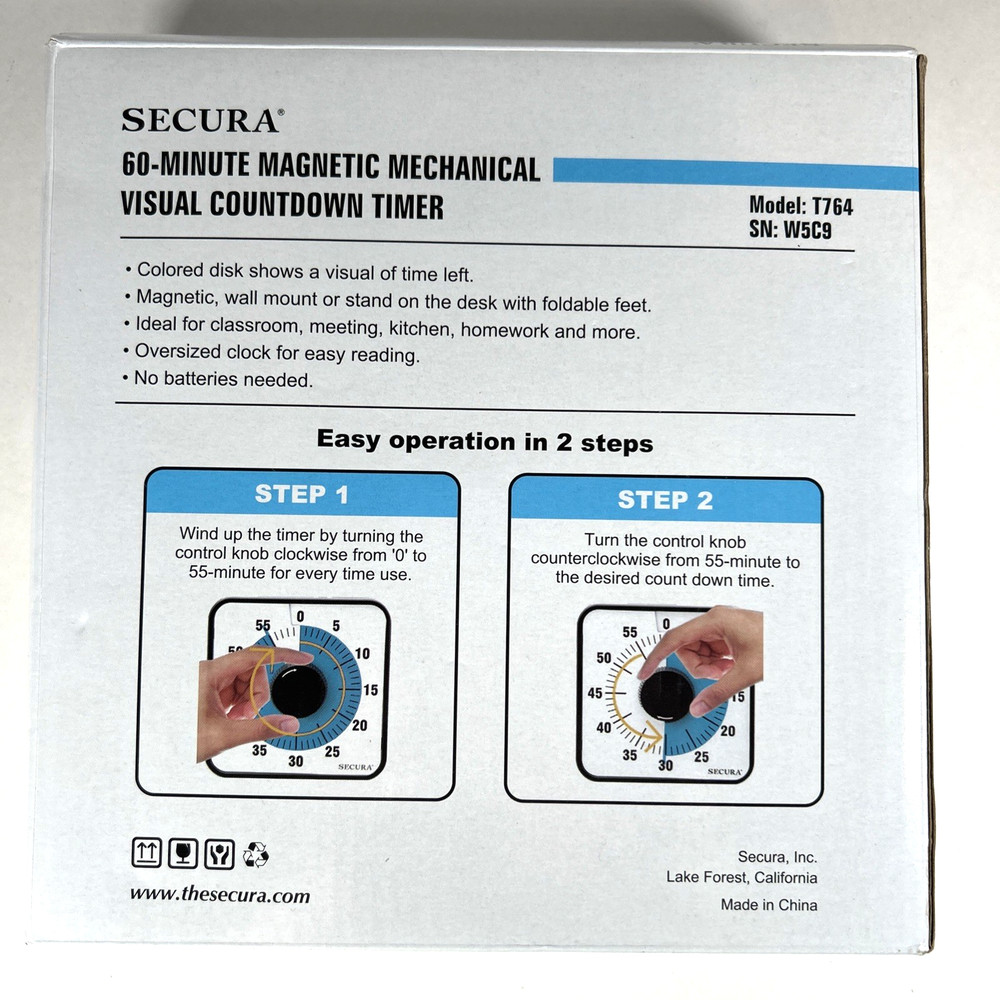 Secura 60-Minute Magnetic Mechanical Visual Countdown Timer Model T764