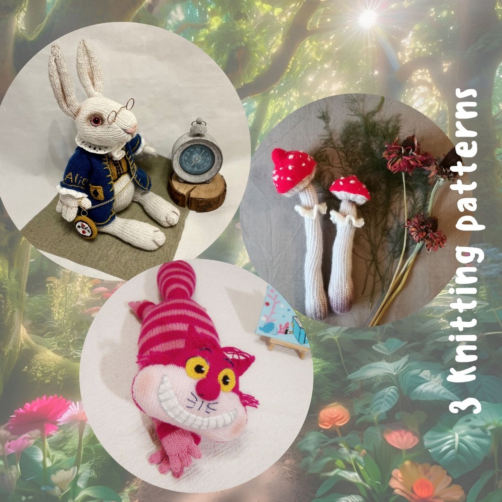 Wonderland Knitting Patterns – Printed Set: Rabbit, Cat & Toadstools