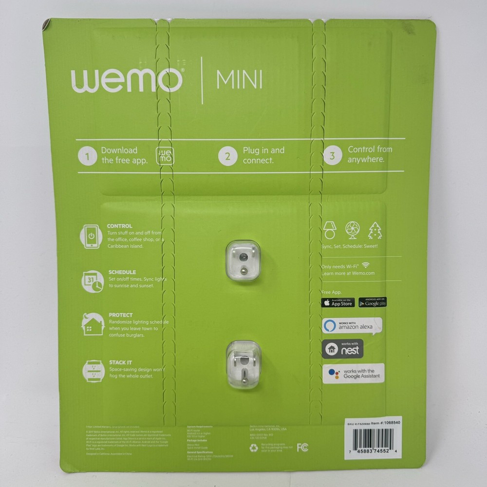 Wemo Mini Wi-Fi Smart Plug 2-pack Works with Alexa Google Assistant Nest
