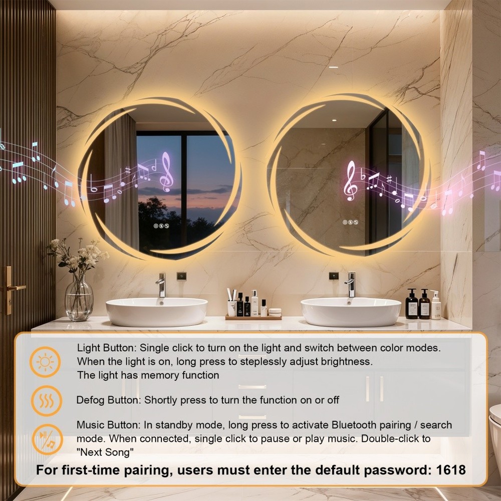 32" Smart LED Bathroom Mirror Wall-Mounted with Bluetooth Speaker Dimmable Round