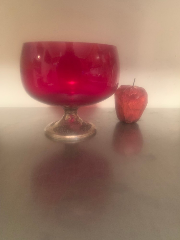 Antique Ruby Red Bowl with Weighted Sterling Candlestick Base - Ex fe6