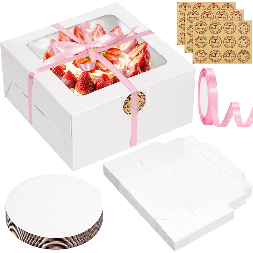 26pcs 8x8x4 Inches Cake Boxes White Bakery Boxes, White Bread Boxes with Wind...