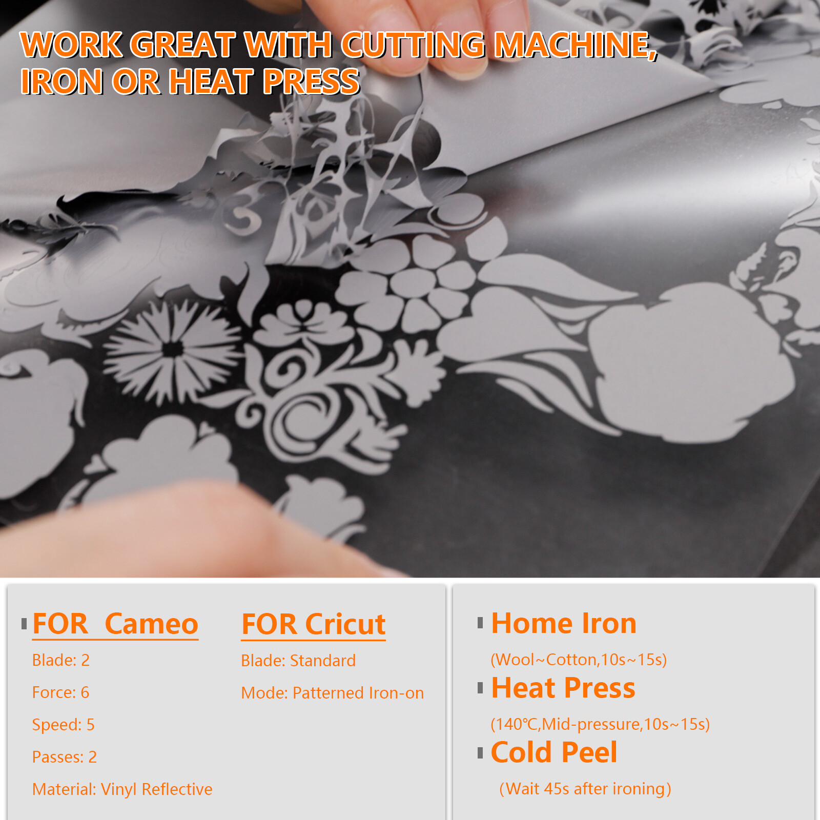 Grey Reflective Heat Transfer Vinyl HTV Iron 12" x 10FT for Cricut